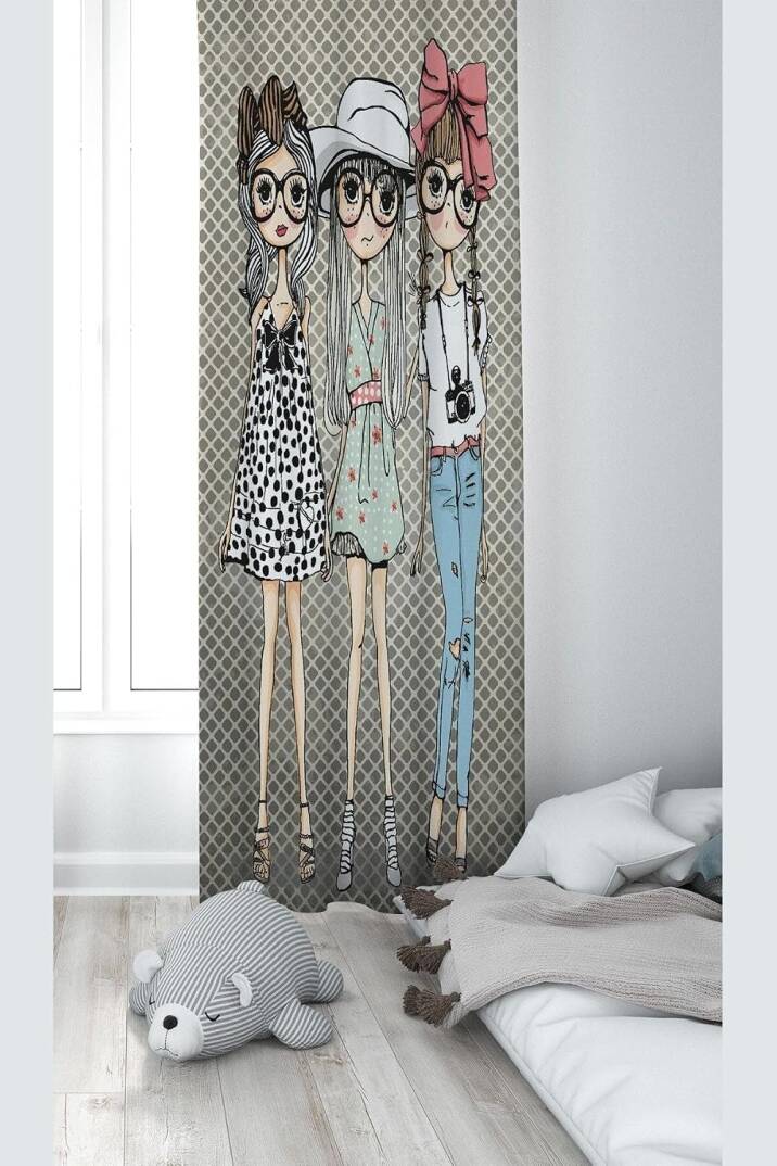 Pelangi 3 Kız Desenli Dijital Baskı Yıkanabilir Bebek Çocuk Odası Fon Perdesi, gri-renkli 70 x 200 - 1