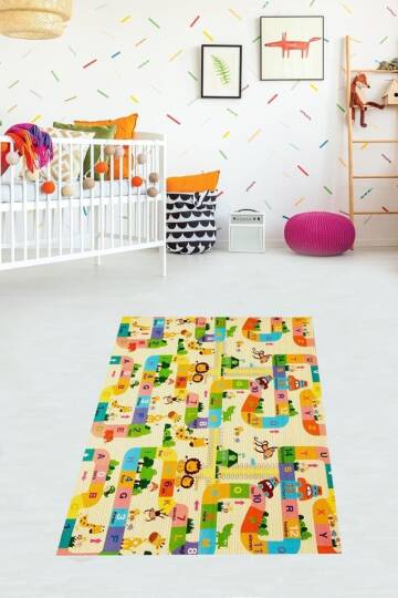Pelangi Alfabe Ve Havanlar Desenli Eğitici Halı Dijital Baskı Yıkanabilir Kaymaz Taban Çocuk Odası Halısı, Sarı 80 x 400
