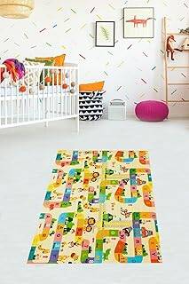 Pelangi Alfabe Ve Havanlar Desenli Eğitici Halı Dijital Baskı Yıkanabilir Kaymaz Taban Çocuk Odası Halısı, Sarı 80 x 400 - 1