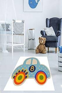 Pelangi Araba Desenli Dijital Baskı Yıkanabilir Kaymaz Taban Çocuk Odası Halısı, Mavi-Beyaz 120 x 180