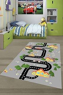 Pelangi Araba Yollu Trafik Yolu Dijital Baskılı Kaymaz Taban Çocuk Odası Halısı, Gri-Sarı 160 x 160 - 1