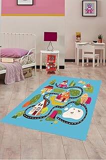 Pelangi Araba Yollu Trafik Yolu Dijital Baskılı Kaymaz Taban Çocuk Odası Halısı, Mavi 80 x 500 - 1
