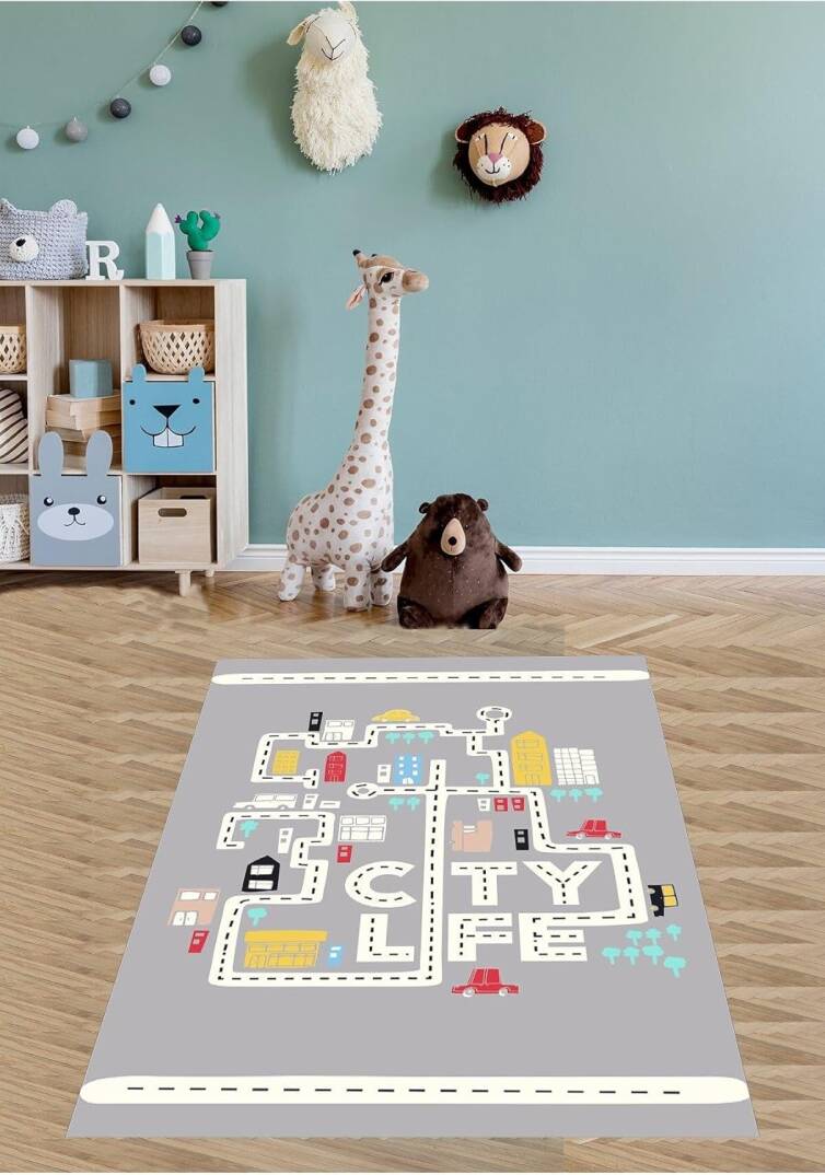 Pelangi Araba Yollu Yıkanabilir Kaymaz Taban Leke Tutmaz Çocuk Odası Halısı, Gri-Beyaz-Sarı-Mavi 120 x 200 - 1