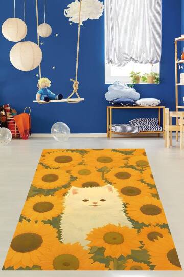 Pelangi Ayçiçekleri Arasında Sevimli Kedi Yıkanabilir Kaymaz Taban Leke Tutmaz Çocuk Odası Halısı, Sarı 160 x 300