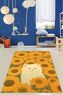 Pelangi Ayçiçekleri Arasında Sevimli Kedi Yıkanabilir Kaymaz Taban Leke Tutmaz Çocuk Odası Halısı, Sarı 160 x 300