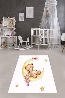 Pelangi Ayda Sallanan Ayıcık Desen Renkli Dijital Baskı Yıkanabilir Kaymaz Taban Bebek Ve Çocuk Odası Halısı, Beyaz-Bal 180 x 280 - 1