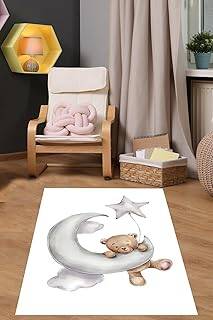 Pelangi Ayda Sallanan Uyuyan Ayıcık Bulut Yıldız Yıkanabilir Kaymaz Taban Leke Tutmaz Çocuk Odası Halısık, Gri-Beyaz 80 x 150, 7642023801501 - 1