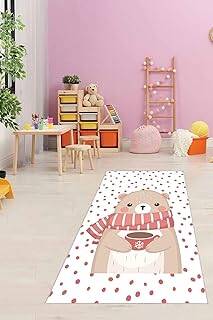 Pelangi Ayıcıklı Yıkanabilir Kaymaz Taban Leke Tutmaz Çocuk Odası Halısı, Kırmızı-Beyaz-Kahverengi 80 x 500 - 1