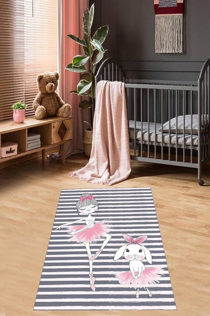 Pelangi Balerin Prenses Tavşan Desenli Çizgili Dijital Baskı Yıkanabilir Kaymaz Taban Çocuk Odası Halısı, Pembe 100 x 350 - 1