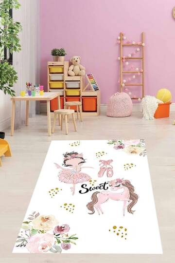 Pelangi Balerin Prenses Unicorn Desenli Dijital Baskı Yıkanabilir Kaymaz Taban Genç Kız Çocuk Odası Halısı, Pembe-Beyaz 120 x 200