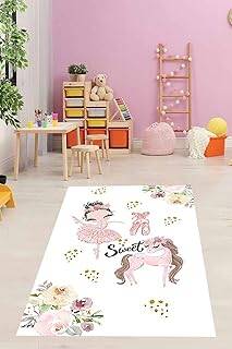 Pelangi Balerin Prenses Unicorn Desenli Dijital Baskı Yıkanabilir Kaymaz Taban Genç Kız Çocuk Odası Halısı, Pembe-Beyaz 120 x 200 - 1