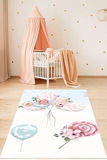 Pelangi Balon Buketi Vintage Çiçekli Bohem Tarz Yıkanabilir Kaymaz Taban Leke Tutmaz Çocuk Odası Halısık, Pembe-Beyaz-Mavi 120 x 160 - 1