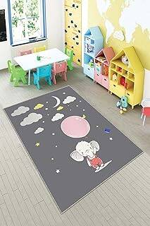 Pelangi Balon Fil Desenli Dijital Baskılı Yıkanabilir Kaymaz Taban Modern Mutfak Halısı (SÜNGERSİZ), Antrasit-Pembe-Beyaz 100 x 300, 90OTC74HNG100300