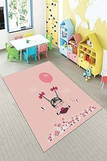 Pelangi Balonla Uçan Kız Dijital Baskılı Yıkanabilir Kaymaz Taban Kız Çocuk Halısı, Pembe-Fuşya 100 x 400 - 1