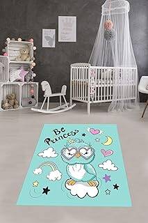 Pelangi Baykuş Desenli Dijital Baskılı Kaymaz Taban Yıkanabilir Leke Tutmaz Çocuk Odası Halısı, Mavi 130 x 180