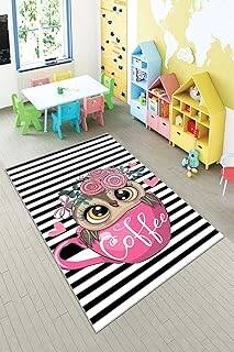 Pelangi Baykuş Fincan Coffee Desenli Dijital Baskılı Yıkanabilir Kaymaz Taban Çocuk Halısı, Siyah-Beyaz-Pembe 120 x 200
