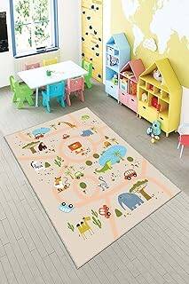 Pelangi Bej Hayvan Desenli Yıkanabilir Kaymaz Taban Leke Tutmazbebek vbe Çocuk Odası Halısı, Somon-Yeşil 160 x 230, 901357057160230 - 1
