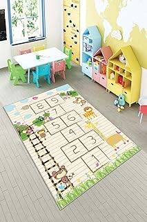 Pelangi Bej Seksek Desenli Yıkanabilir Kaymaz Taban Leke Tutmazbebek ve Çocuk Odası Halısı, Krem-Turuncu 60 x 120