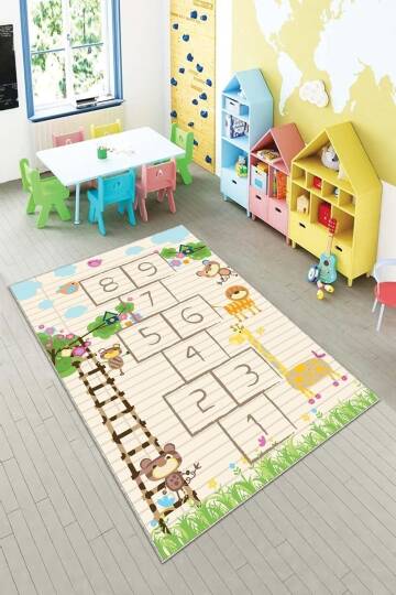 Pelangi Bej Seksek Desenli Yıkanabilir Kaymaz Taban Leke Tutmazbebek ve Çocuk Odası Halısı, Krem-Turuncu 60 x 120