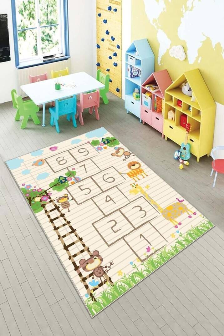 Pelangi Bej Seksek Desenli Yıkanabilir Kaymaz Taban Leke Tutmazbebek ve Çocuk Odası Halısı, Krem-Turuncu 60 x 120 - 1