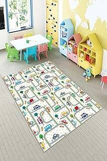 Pelangi Beyaz Araba Yollu Yıkanabilir Kaymaz Taban Leke Tutmazbebek Ve Çocuk Odası Halısı, Beyaz 120 x 200 - 1