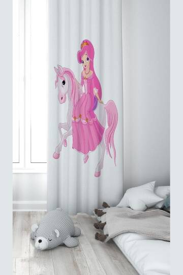 Pelangi Beyaz Ata Binen Prenses Desenli Dijital Baskı Yıkanabilir Bebek Çocuk Odası Fon Perdesi, fuşya-beyaz 140 x 270
