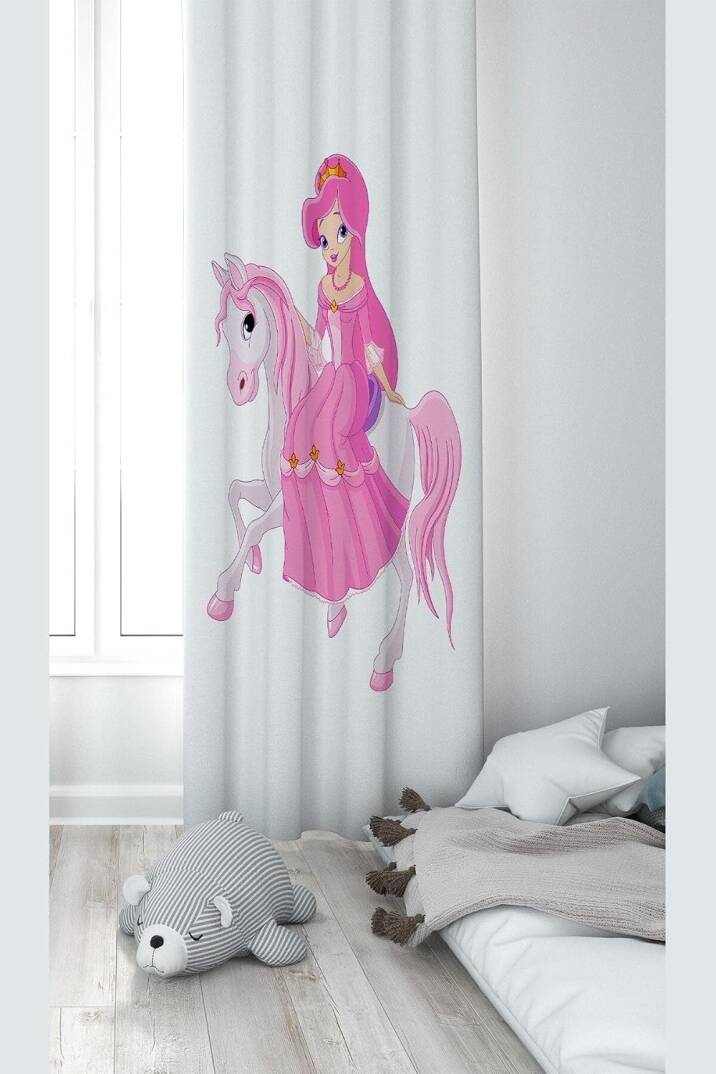 Pelangi Beyaz Ata Binen Prenses Desenli Dijital Baskı Yıkanabilir Bebek Çocuk Odası Fon Perdesi, fuşya-beyaz 140 x 270 - 1