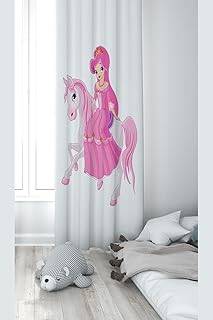 Pelangi Beyaz Ata Binen Prenses Desenli Dijital Baskı Yıkanabilir Bebek Çocuk Odası Fon Perdesi, fuşya-beyaz 140 x 270 - 1
