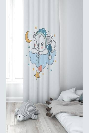 Pelangi Beyaz Ayda Uzanan Ayıcık Desenli Dijital Baskı Yıkanabilir Bebek Çocuk Odası Fon Perdesi, beyaz-mavi 70 x 240