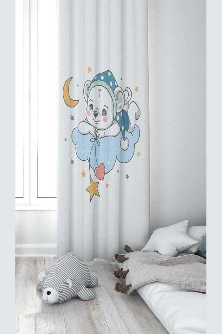Pelangi Beyaz Ayda Uzanan Ayıcık Desenli Dijital Baskı Yıkanabilir Bebek Çocuk Odası Fon Perdesi, beyaz-mavi 70 x 240 - 1