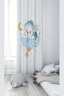 Pelangi Beyaz Ayda Uzanan Ayıcık Desenli Dijital Baskı Yıkanabilir Bebek Çocuk Odası Fon Perdesi, beyaz-mavi 70 x 240