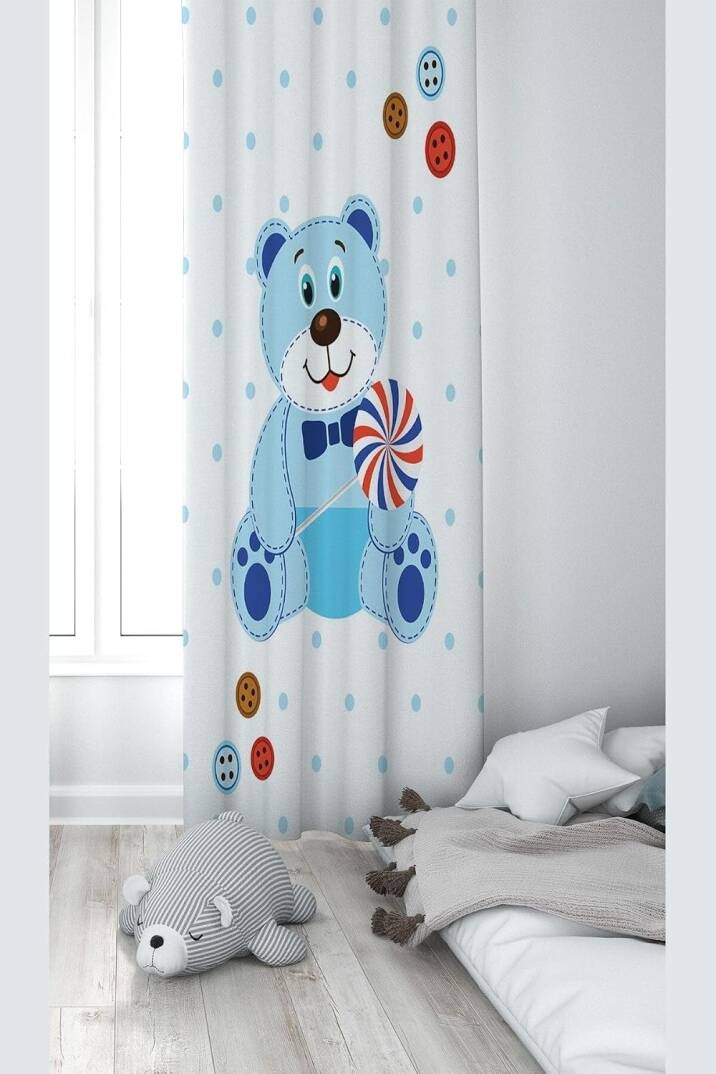 Pelangi Beyaz Ayıcık Desenli Dijital Baskı Yıkanabilir Bebek Çocuk Odası Fon Perdesi, beyaz 140 x 240 - 1