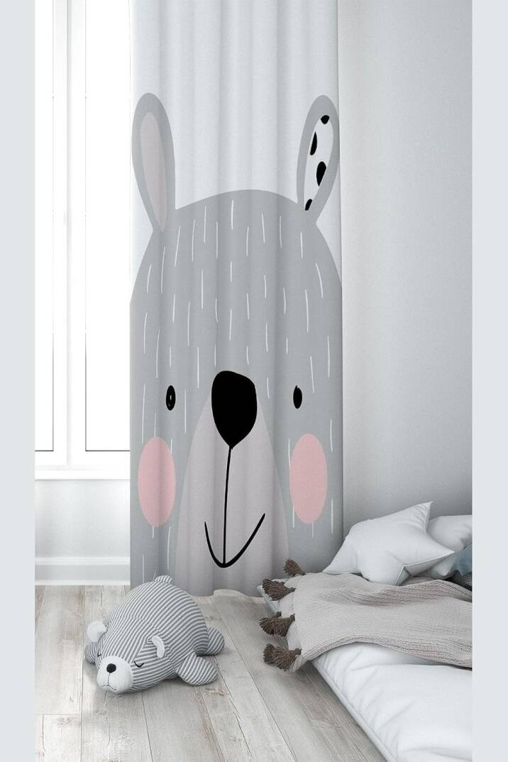 Pelangi Beyaz Ayıcık Desenli Dijital Baskı Yıkanabilir Bebek Çocuk Odası Fon Perdesi, karışık renkli 70 x 200 - 1