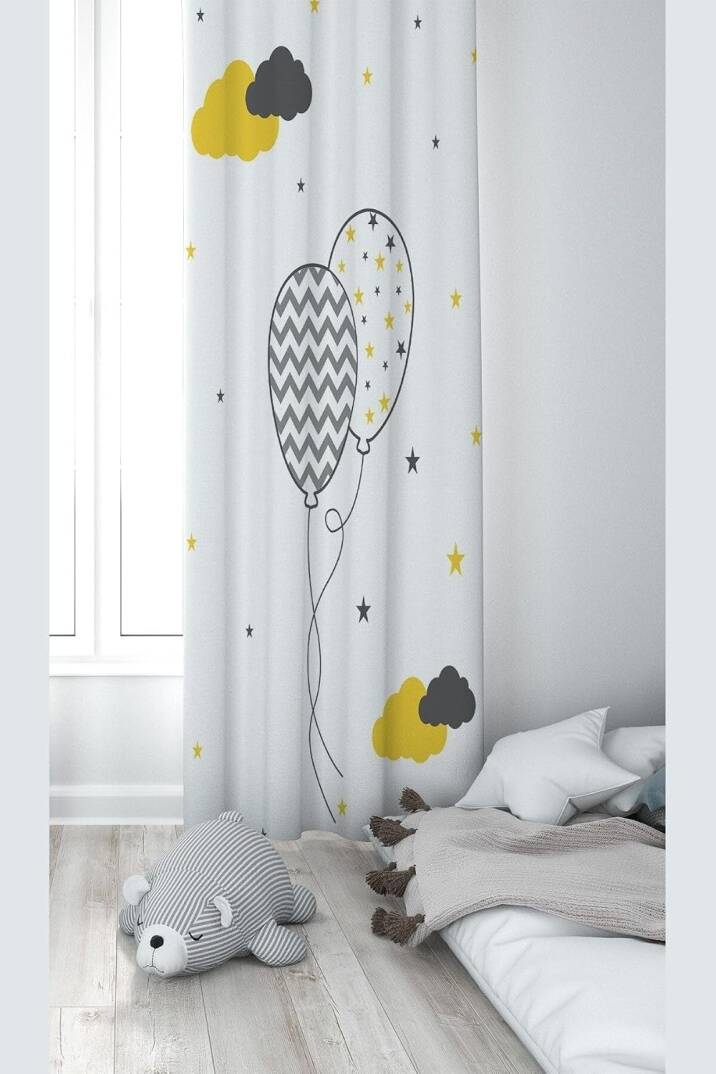 Pelangi Beyaz Balon Desenli Dijital Baskı Yıkanabilir Bebek Çocuk Odası Fon Perdesi, beyaz 70 x 270 - 1