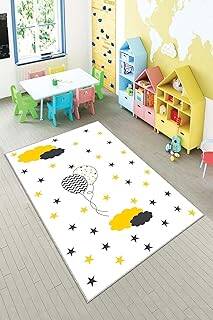 Pelangi Beyaz Balon Ve Bulut Desenli Yıkanabilir Kaymaz Taban Leke Tutmazbebek Ve Çocuk Odası Halısı, Beyaz 120 x 200 - 1