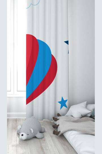 Pelangi Beyaz Balon Ve Yıldız Desenli Dijital Baskı Yıkanabilir Bebek Çocuk Odası Fon Perdesi, bayaz-mavi-kırmızı 140 x 270