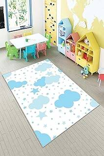 Pelangi Beyaz Bulut Desenli Yıkanabilir Kaymaz Taban Leke Tutmazbebek Ve Çocuk Odası Halısı, Beyaz-Mavi 100 x 600, 901357072100600 - 1
