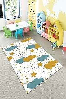 Pelangi Beyaz Bulut Yıldız Yıkanabilir Kaymaz Taban Leke Tutmazbebek Ve Çocuk Odası Halısı, Mavi-Beyaz 120 x 200
