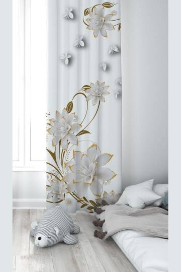 Pelangi Beyaz Çicek Desenli Dijital Baskı Yıkanabilir Bebek Çocuk Odası Fon Perdesi, beyaz 70 x 200