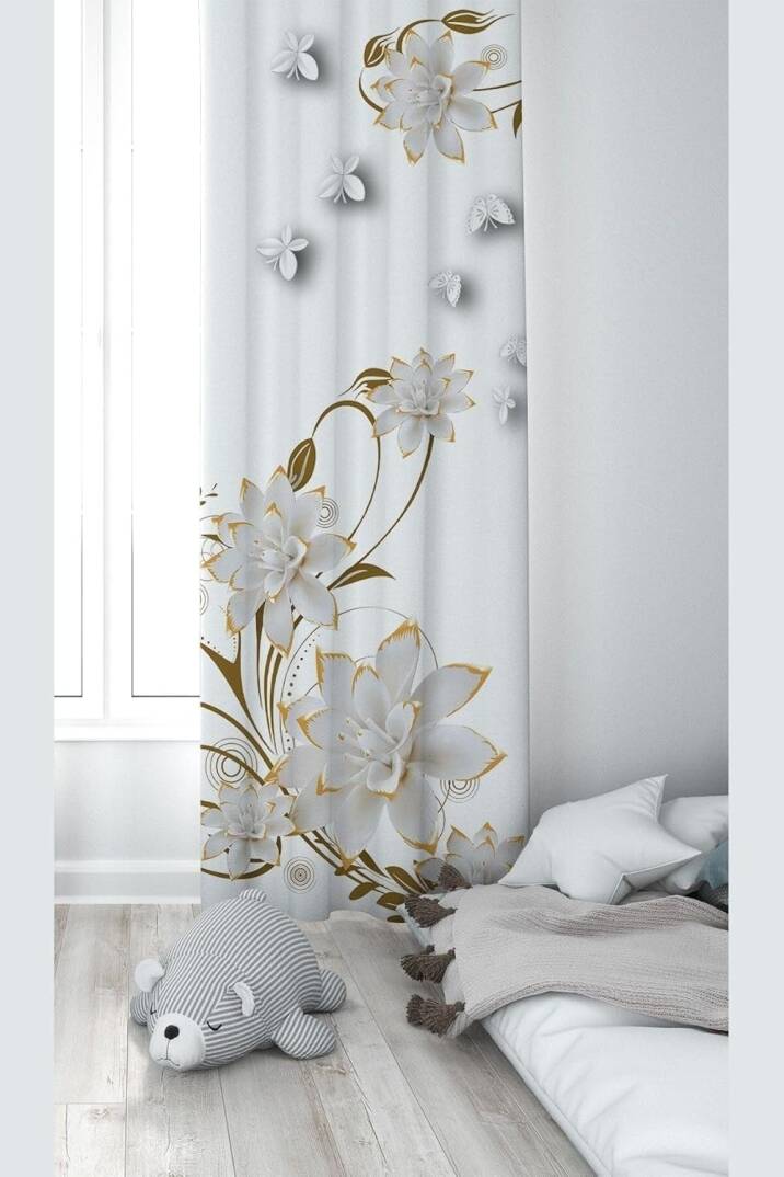 Pelangi Beyaz Çicek Desenli Dijital Baskı Yıkanabilir Bebek Çocuk Odası Fon Perdesi, beyaz 70 x 200 - 1