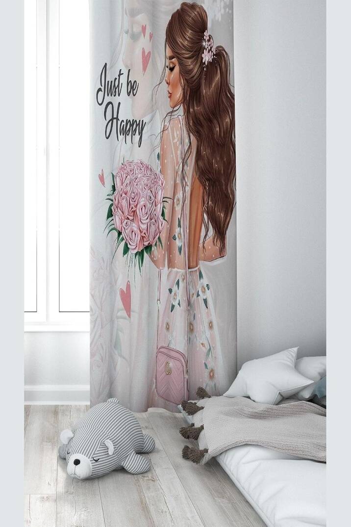 Pelangi Beyaz Çiçek Tutan Kız Desemli Dijital Baskı Yıkanabilir Bebek Çocuk Odası Fon Perdesi, beyaz-pembe 70 x 240 - 1
