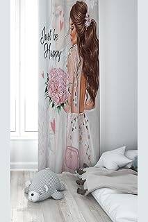 Pelangi Beyaz Çiçek Tutan Kız Desemli Dijital Baskı Yıkanabilir Bebek Çocuk Odası Fon Perdesi, beyaz-pembe 70 x 240