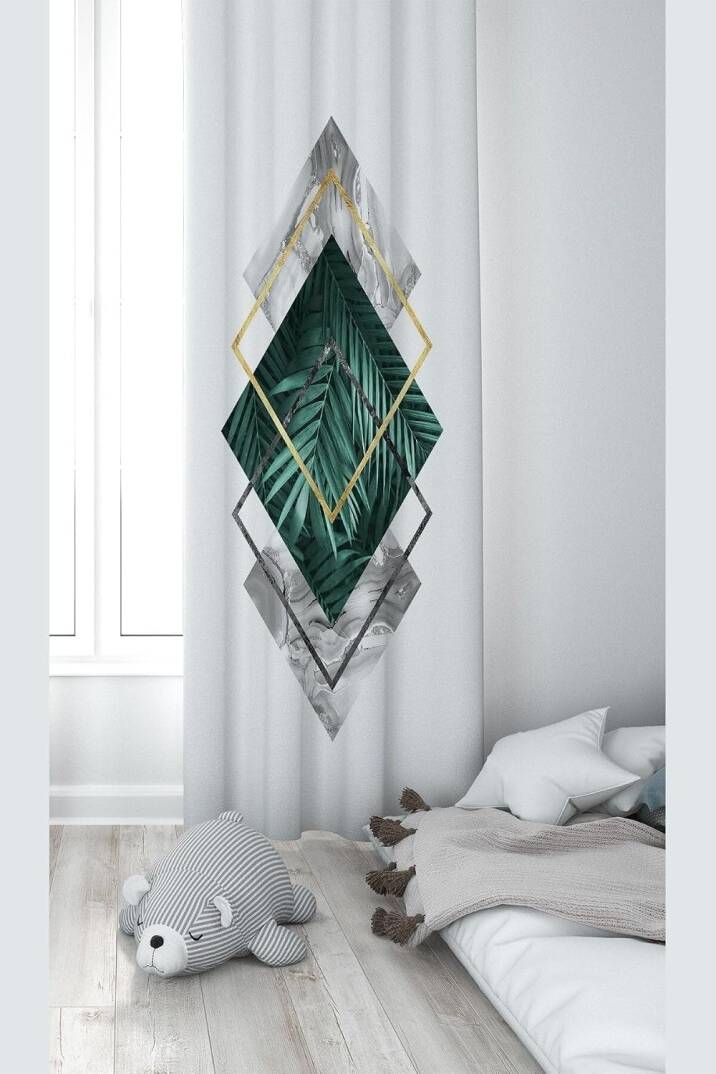 Pelangi Beyaz Doğa Yaprak Desenli Dijital Baskı Yıkanabilir Bebek Çocuk Odası Fon Perdesi, yeşil-beyaz 70 x 270 - 1