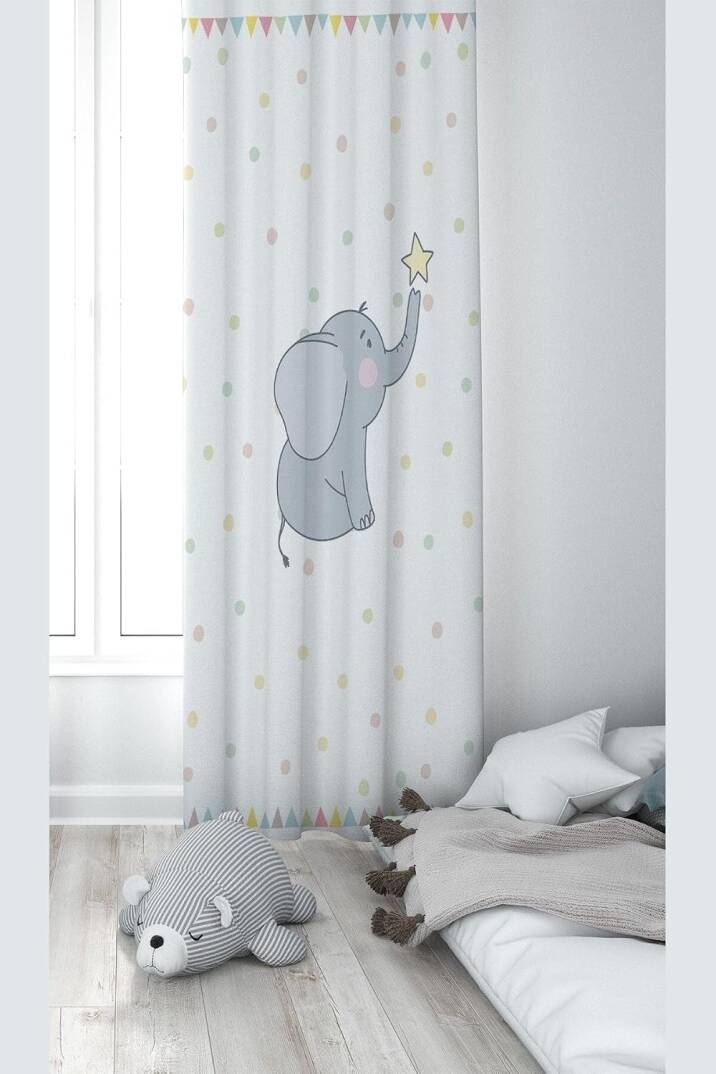 Pelangi Beyaz Fil Desenli Dijital Baskı Yıkanabilir Bebek Çocuk Odası Fon Perdesi, beyaz-gri 70 x 240 - 1