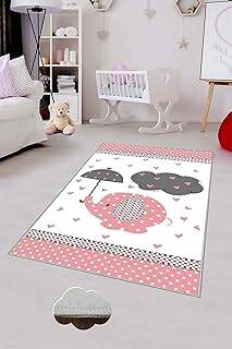 Pelangi Beyaz Fil Desenli Yıkanabilir Kaymaz Taban Leke Tutmazbebek Ve Çocuk Odası Halısı, Beyaz-Pembe 60 x 200 - 1