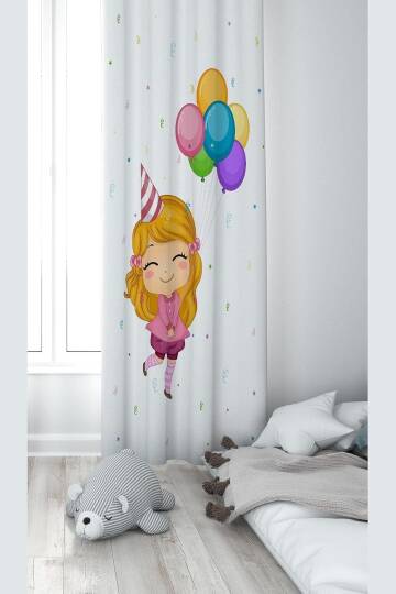 Pelangi Beyaz Fon Balonları Tutan Mutlu Kız Desenli Dijital Baskı Yıkanabilir Bebek Çocuk Odası Fon Perdesi, turuncu-beyaz 140 x 200