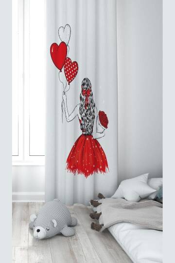 Pelangi Beyaz Fon Kırmızı Elbiseli Kız Desenli Dijital Baskı Yıkanabilir Bebek Çocuk Odası Fon Perdesi, beyaz 70 x 200