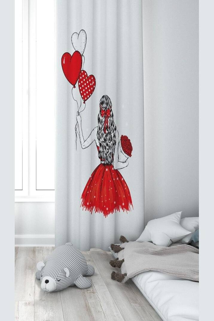 Pelangi Beyaz Fon Kırmızı Elbiseli Kız Desenli Dijital Baskı Yıkanabilir Bebek Çocuk Odası Fon Perdesi, beyaz 70 x 200 - 1