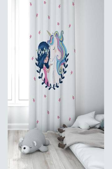Pelangi Beyaz Fon Unicorn Desenli Dijital Baskı Yıkanabilir Bebek Çocuk Odası Fon Perdesi, beyaz-mavi 70 x 200