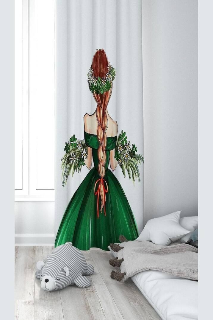 Pelangi Beyaz Fon Yeşil Elbiseli Kız Desenli Dijital Baskı Yıkanabilir Bebek Çocuk Odası Fon Perdesi, beyaz-yeşil 140 x 240 - 1